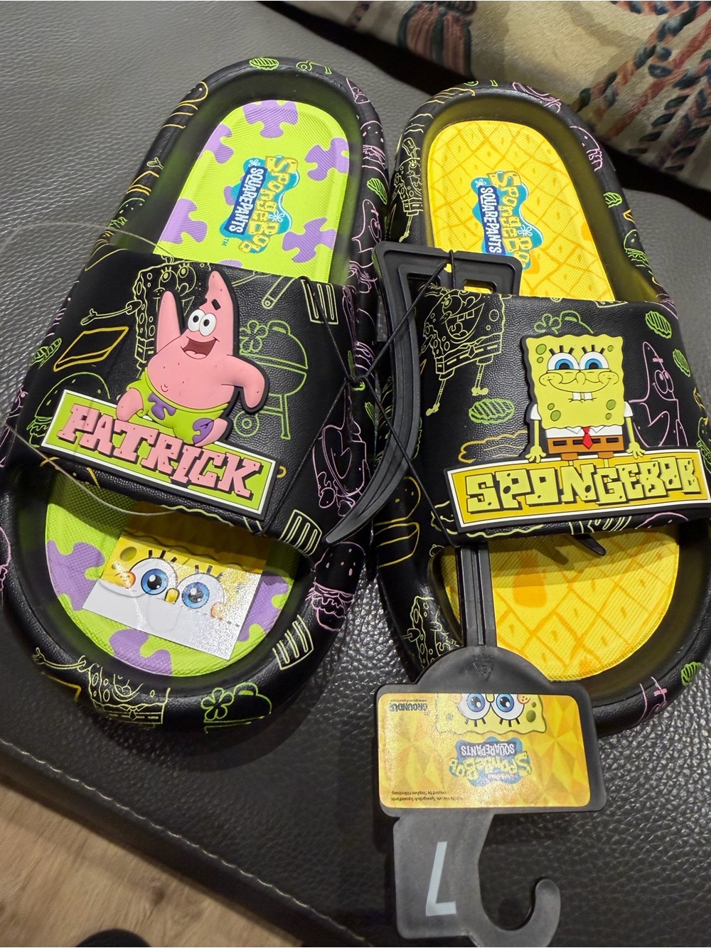 SpongeBob SquarePants Black Slide Sandals with Yellow & Lime Accents